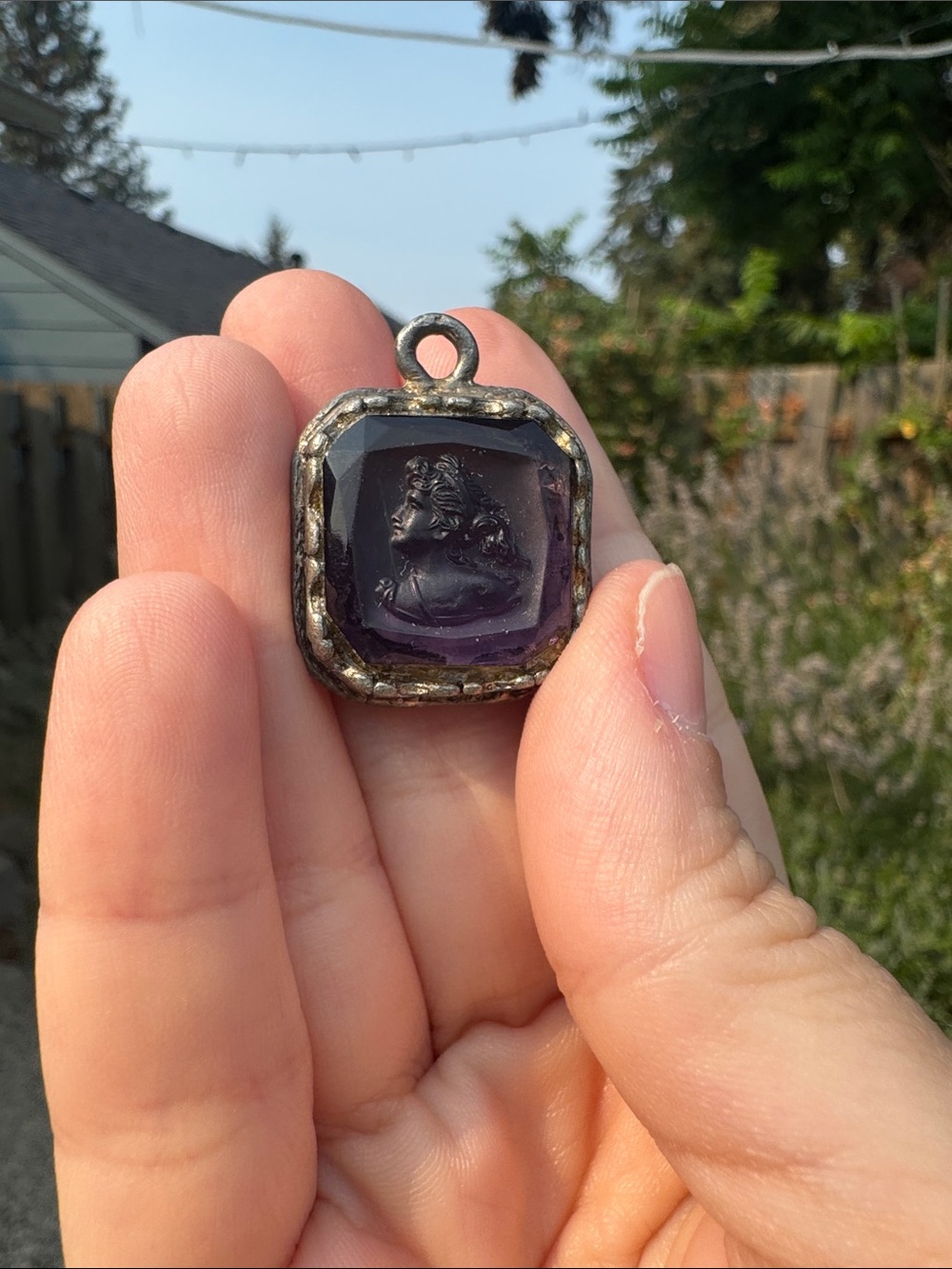 Antique Amethyst Glass Intaglio Portrait Pendant